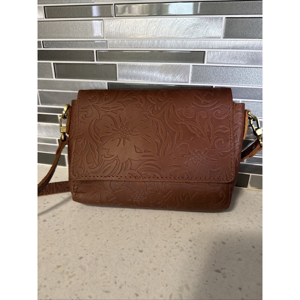 Portland Leather Mini Metro Crossbody Bag Meadow Embossed Brown Leather NWOT
